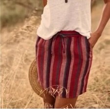 Garnet Hill Womens Essential Linen Skirt Small Harvest Stripe Drawstring Pull On