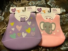 Parents Choice Silicone Scoop Bib-Purple wHearts OR Pink wElephant-Pick 1 