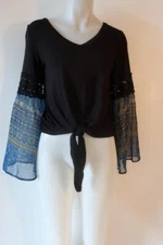 NWT Womens Vava By Joy Han Black Blue Boho Ember Blouse Top S *