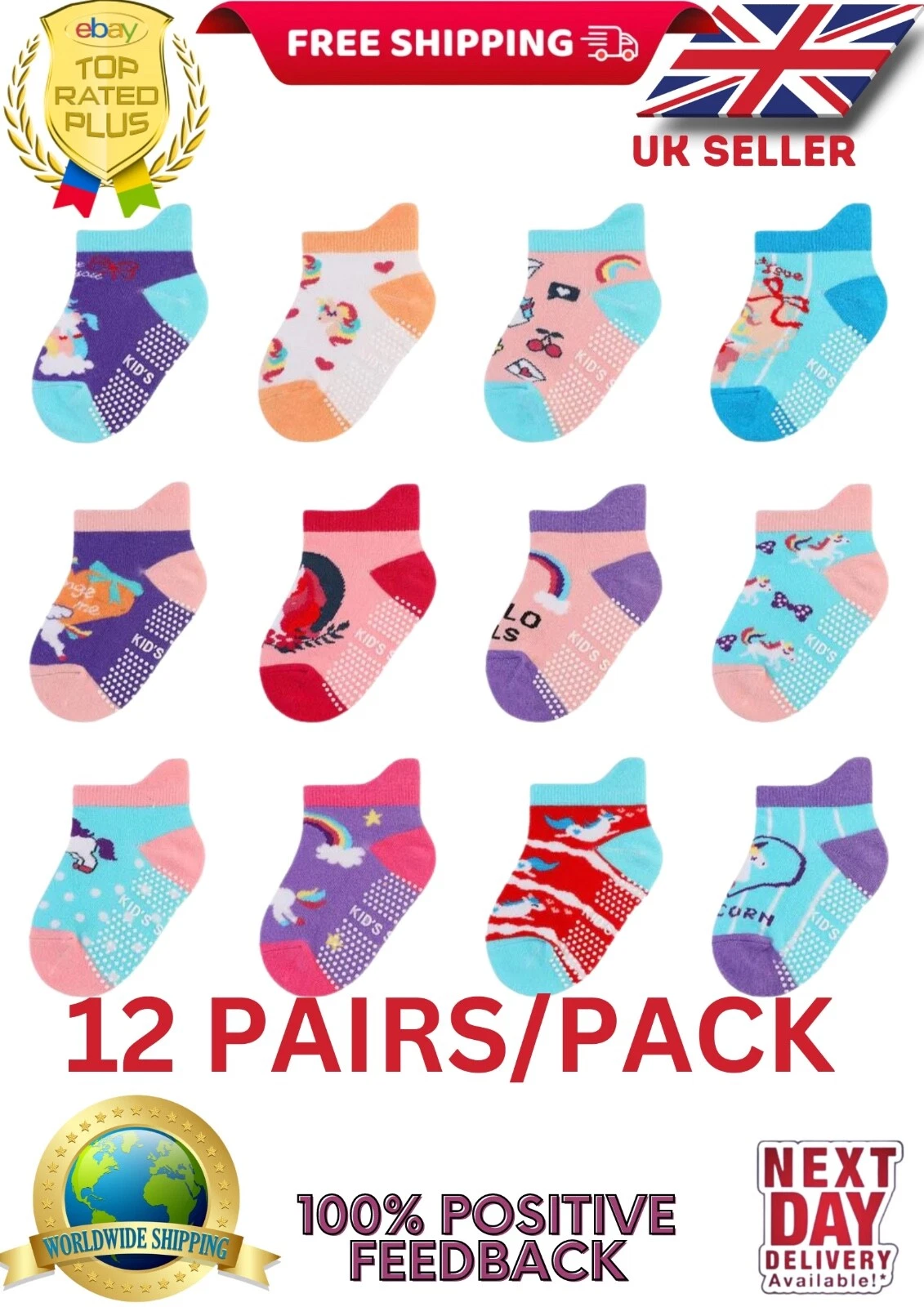 12 Pairs Non Slip Kids Toddler Baby Socks with Grips Cotton Socks Girls Unicorn
Opens in a new windo
