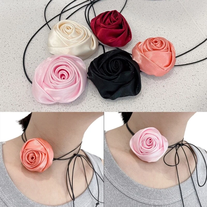 Silk Rose Flower Choker Necklace Temperament Long Lace up Necklace Neck Chain