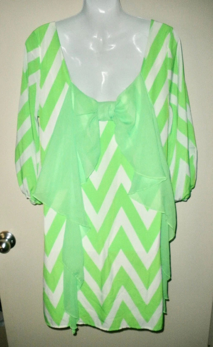 VETEMENTS #237 Abito tunica verde fluorescente e bianco chevron L Pasqua COCOLOVE
