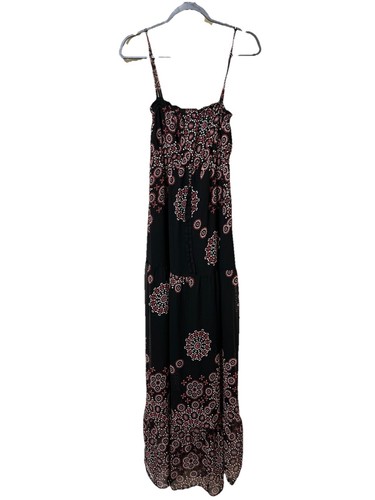 ROXY Maxi Dress Summer Cami Top Strappy Tiered Sz M Black Boho Aztec Sunburst - Picture 1 of 8