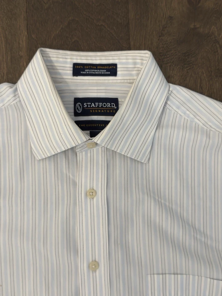 Camisa de tela ancha azul a rayas de algodón talla 16 Stafford Signature para hombre Foto 3 de 4