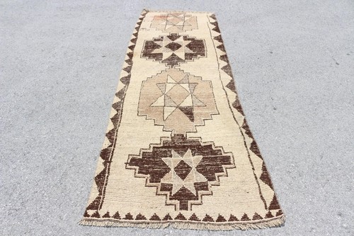 Turkish Runner Rug, 3,4x10,3 ft Vintage Rug, Brown Herki Wool Rug