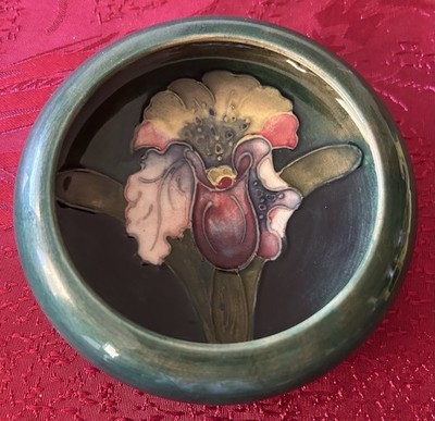Gorgeous Vintage Moorcroft Pottery Orchid Bowl, 4.5'' Green Teal Pottery, Signed