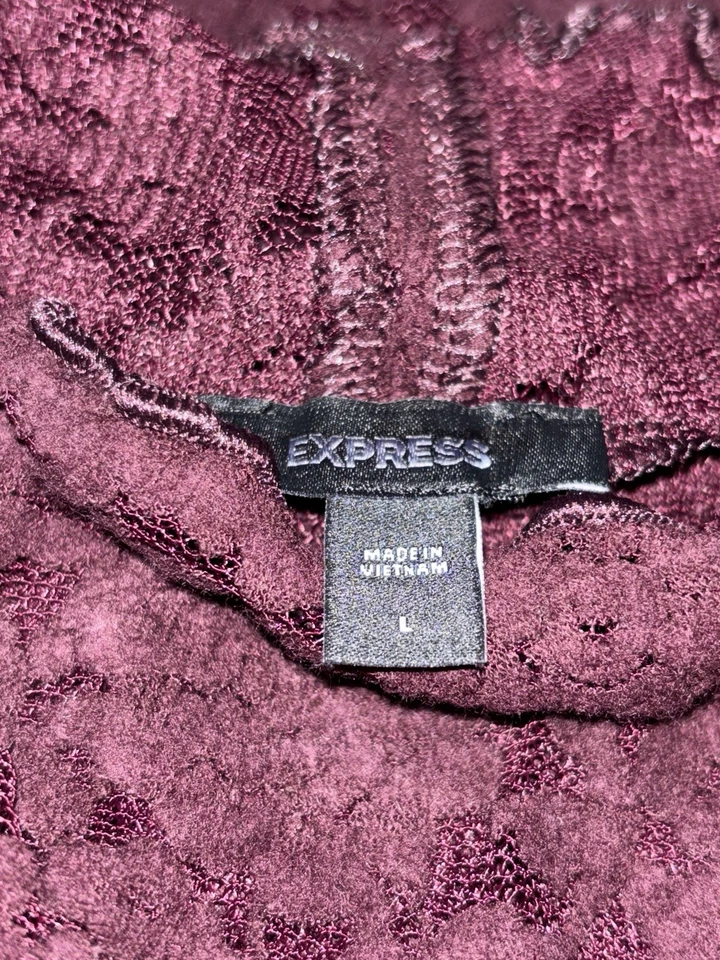 Top Express Cuello Simulado Encaje Manga Larga Transparente Ajustado Borgoña Mujer L Capricho Foto 3 de 4