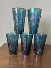 Vintage Indiana Glass Iridescent Blue Carnival Harvest Grape Tumblers Set Of 5
