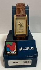 LORUS DISNEY MICKEY MOUSE QUARTZ TANK STYLE GOLD TONE  LEATHER WRIST WATCH NOS