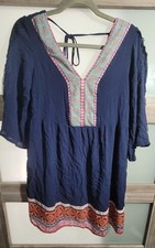 White Mark Womens Short Dress Sz M Navy Flare Aztec Trim V-Neck Open Back Boho