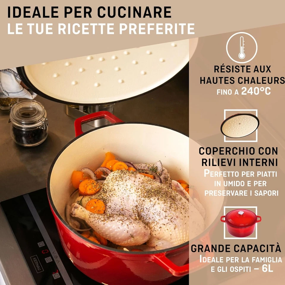 Casseruola in Ghisa Smaltata  Rosso 6L Ø28Cm, Cocotte Ultra Resistente, Pentola  - Immagine 3 di 4