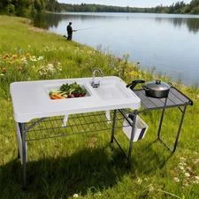 Outdoor Folding Portable Fish Hunting Clean Cutting Table Camping w/ Sink Faucet