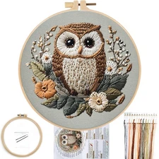 Embroidery Kit for Beginners, Owl Flowers Pre-Stamped Pattern Kits for Adults...