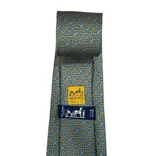 Hermes Mens Tie Geometric Links Blue/Yellow Silk 7325 EA 3.75" W x 58" L euc