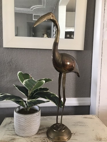 MODERN MID CENTURY LARGE BRASS FLAMINGO BIRD CRANE 23.5" X 10" STATUE SCULPTURE - Picture 2 of 6