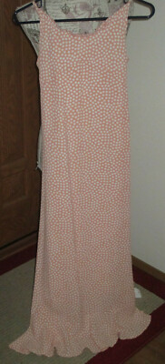 Perry Ellis Size 12 Peach Polka Dot Long Rayon Ruffle Romantic Sleeveless Dress