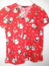 Winter SCRUB TOP SHIRT Christmas RED Snowman Tree Santa Claus Sparkle Snowman XS