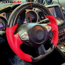 Real Carbon Fiber Steering Wheel Fit For Nissan 370Z Z34 Nismo 08-21 Red Leather