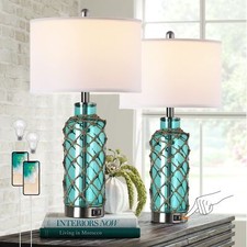 Cottage Nautical Accent Table Lamp Set of 2, Touch Control Coastal Blue Green...