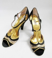 NEW PRADA STRAPPY SANDALS BLACK SATIN GOLD PYTHON HEELS 39.5 9.5  Snake Trim