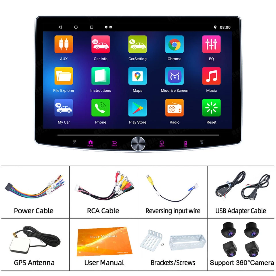 1DIN 2+32G Rotatable 10.1" Android 13 Carplay Car Stereo Radio GPS WIFI+360 Cam - Image 2 of 4