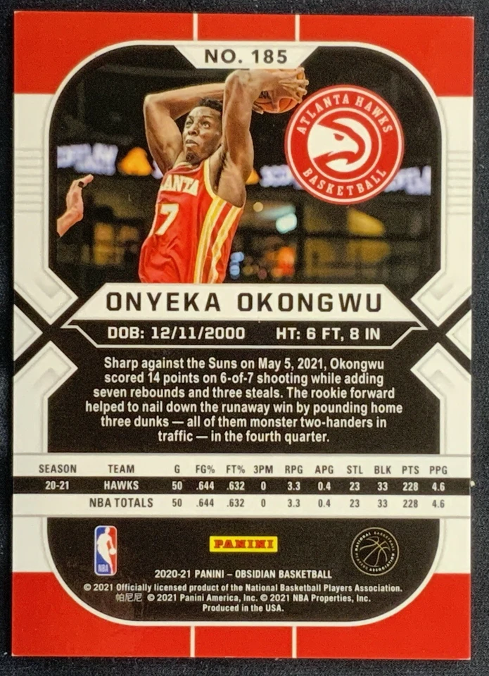 2020-21 Panini Obsidian Electric Etch Green Flood #185 RC Onyeka Okongwu SSP - Image 2 of 2