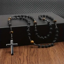 Hot 8mm Black Volcanic Rock Yellow Tiger Eye Gallstone Cross Religious Necklace
