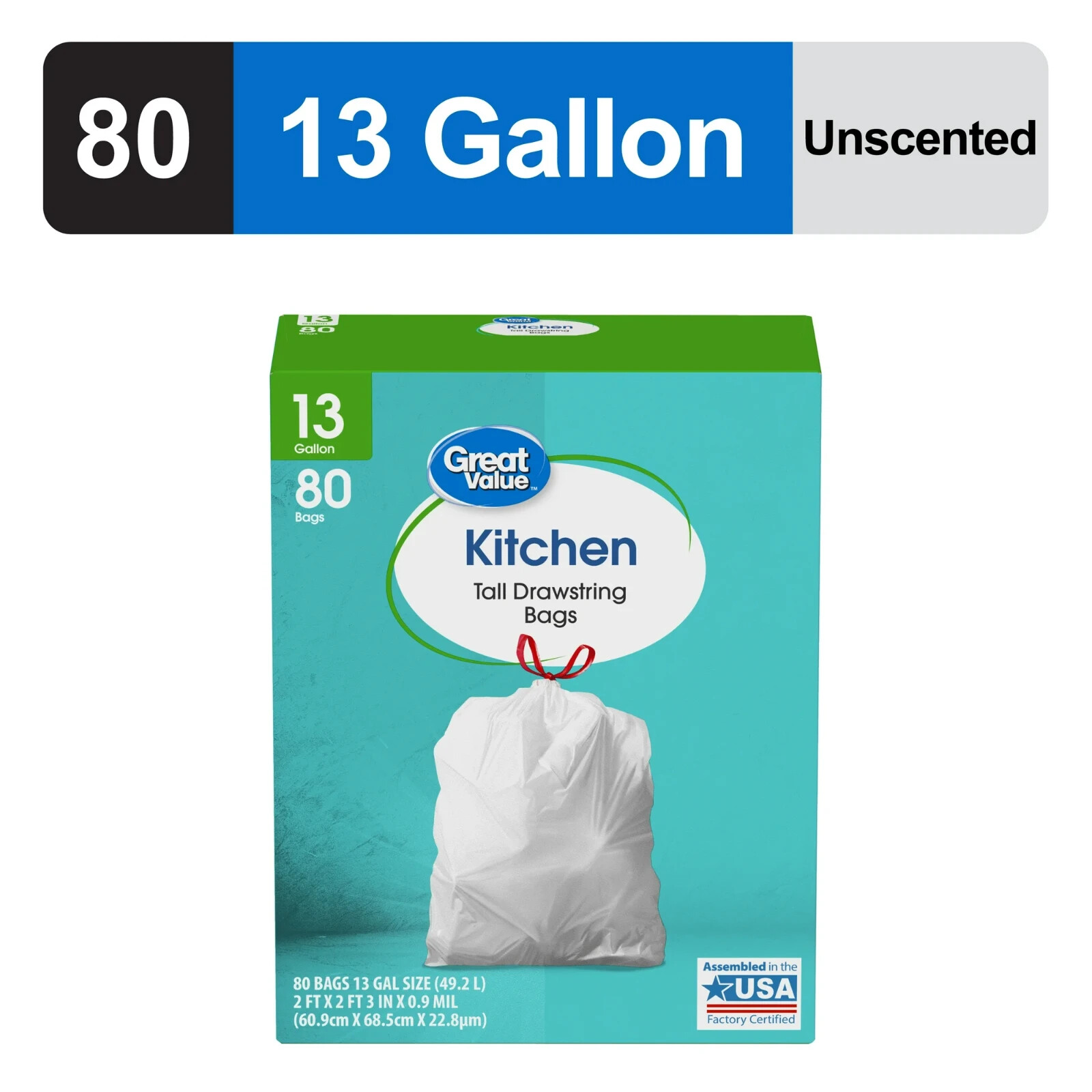 Great Value Kitchen Tall Drawstring Bags, 13 Gallon, 80 Count Free SHIP.
