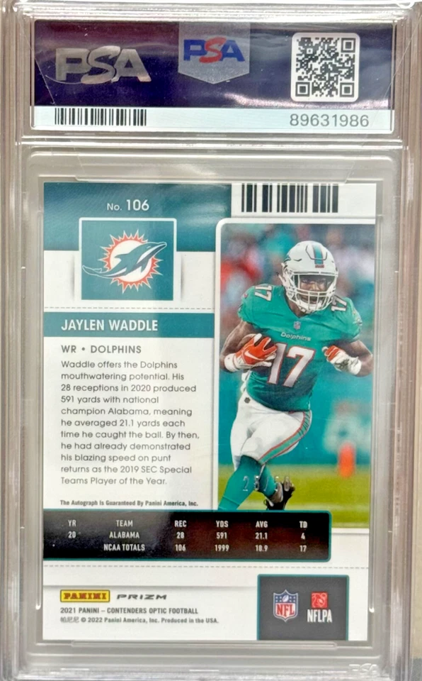 2021 Panini Contenders Optic Jaylen Waddle Auto Blue #/50 PSA 9* - Image 2 of 2