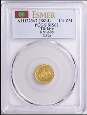 AH 1223/7 1814 GOLD TURKEY OTTOMAN EMPIRE 1/4 ZERI MAHMUD II PCGS MINT STATE 62