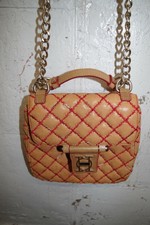 Olivia Harris Quilted Soft Leather Shoulder Bag Tan & Red Stitching Chain Vtg