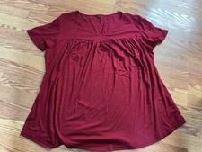 Plus Size Burgundy Short Sleeve Gathered V Neck T Shirt Size 3X