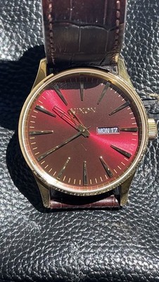 Nixon Sentury Leather Rose Gold Red Dial 100m Stainless Watch | Excellent Con...