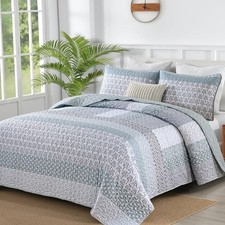 Green Quilt King Size, Bohemian Stripe Quilt Sets 3 Pieces Boho Quilted Bedsp...