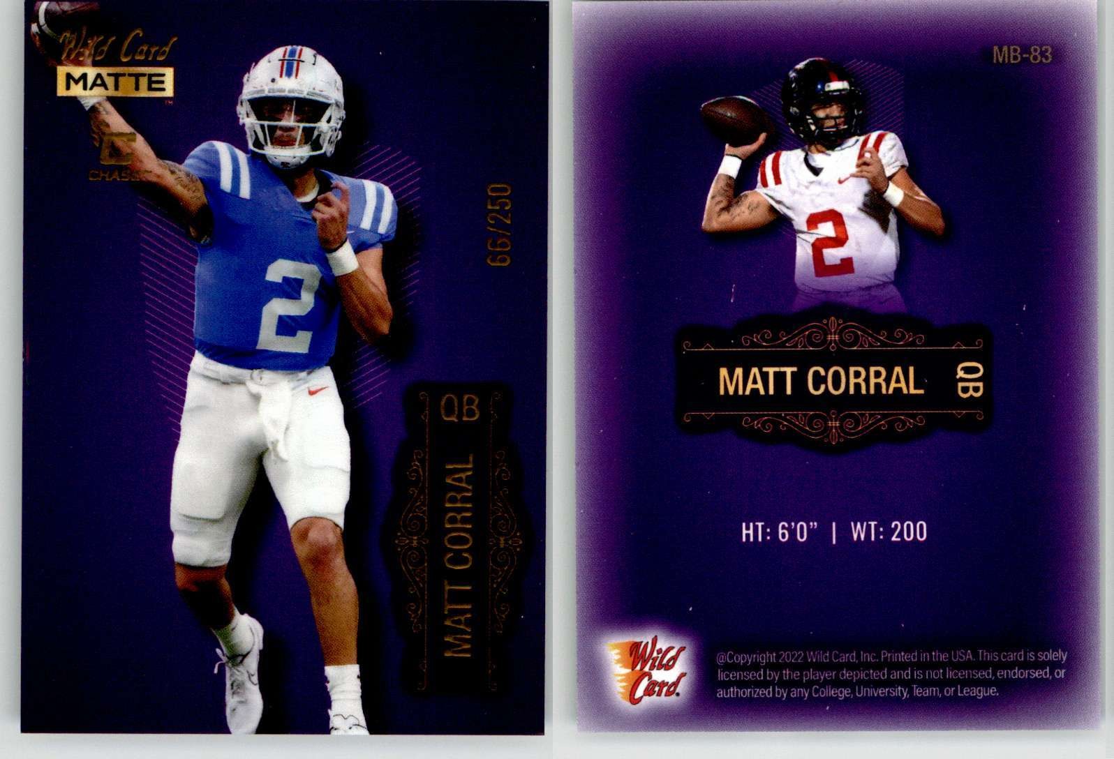 Matt Corral 2022 Wild Card Matte Purple Chase MB-83 /250 Ole Miss Panthers RC
