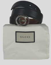 Gucci Auth Black Leather Belt 110 cm 44 in  Two Tone Silver GG Buckle Dust Bag