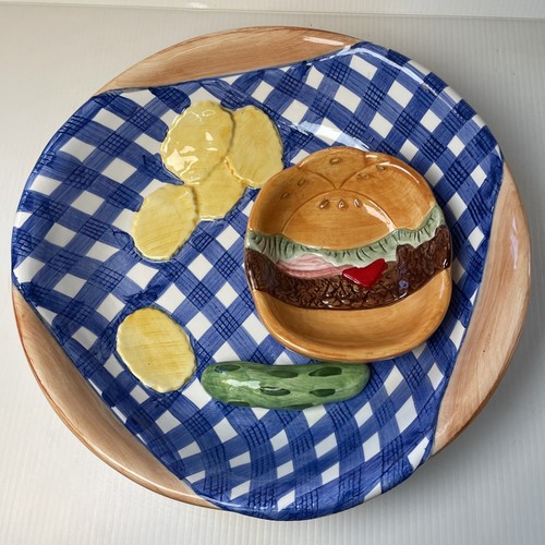 Piatto vintage LOTUS hamburger dip ciotola 3D sottaceto patatine picnic vassoio da servizio blu - Foto 1 di 15