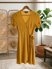 Lulus Midi Dress S Mustard Yellow V-Neck Boho Casual Short Sleeve Sundress Wrap