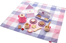 Fisher-Price Wood Pretend Play Toy Picnic Tea Set, 18-Pieces with Blanket