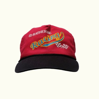 VTG USA 80s 90s RACING FLAG FUNNY PUFF PRINT ADJUSTABLE BASEBALL HAT CAP ONESIZE