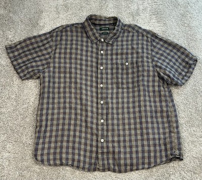 Orvis Active Fit Mens XXL Brown Purple Plaid 100% Linen Short Sleeve Button Up