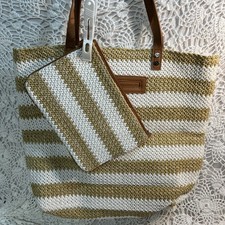 Tote Jewel by Thirty One Tan White stripe Inner pocket Waterproof Sharp  Sassy