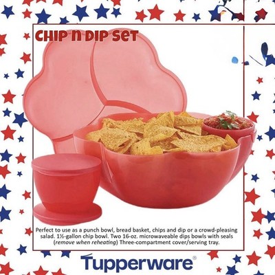 NEW Tupperware Chip N Dip Bowl 6 Piece Set 1.5 Gal. Capacity Bowl w/Lid RED