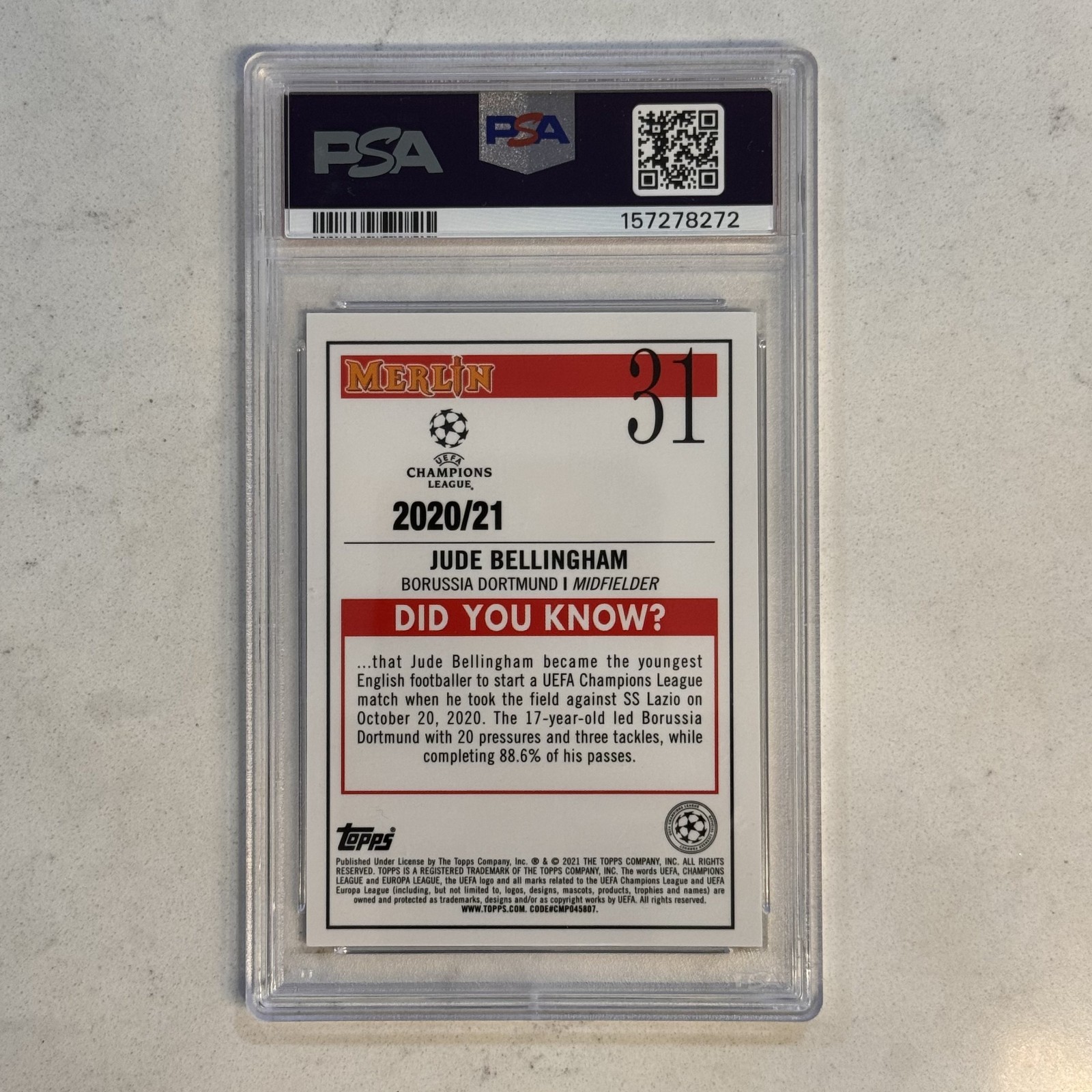 2020 Topps Merlin #31 Jude Bellingham Image Variation Rookie Refractor Rc PSA 9 view 2