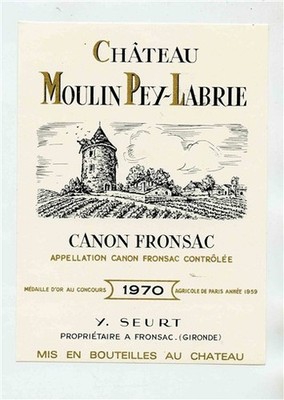 Chateau Moulin Pey Labrie Canon Fronsac 1970 Wine Label