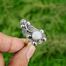 925 Silver Rainbow Moonstone Stone Stackable Flower Crown Chakra Ring Jewelry
