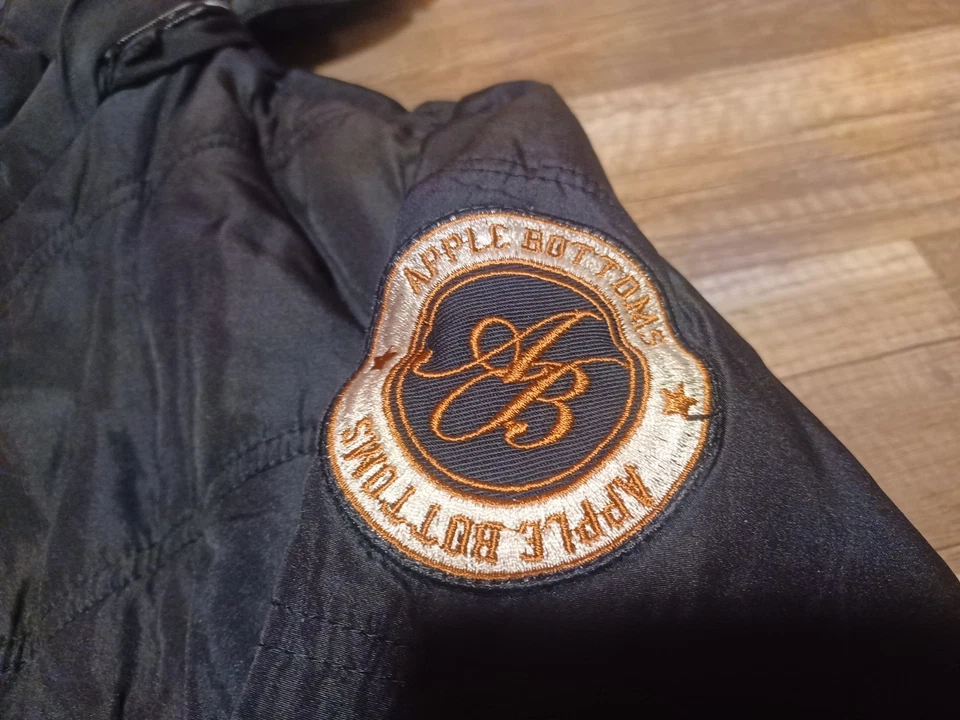 Pantalones de mezclilla vintage Y2K Apple Bottom Puffer Bomber cremallera completa con capucha forrada chaqueta grande Foto 2 de 4