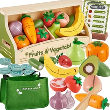 BUYGER Pretend Play Food Sets for Kids Kitchen, Wooden Cutting Toy Food Counter