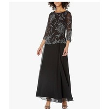 J Kara Black Beaded Floral Chiffon Gown 3/4 Sleeve Formal Evening Dress 8P NWT