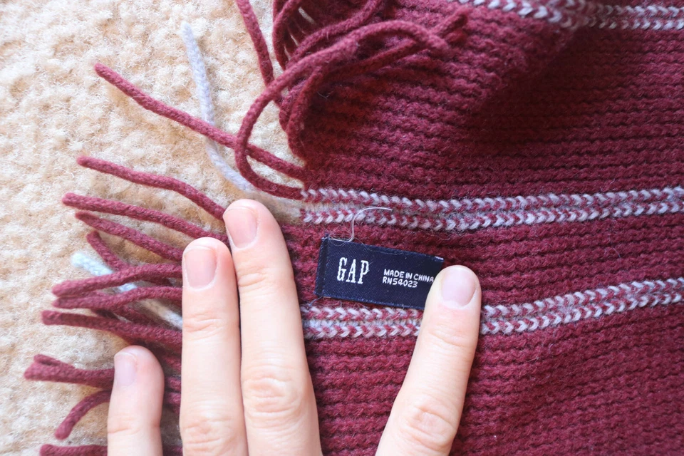 Gap Unisex Maroon w/ White Stripes Knit Fringe Scarf Shawl Wool Blend - 75 inch - Image 2 of 4
